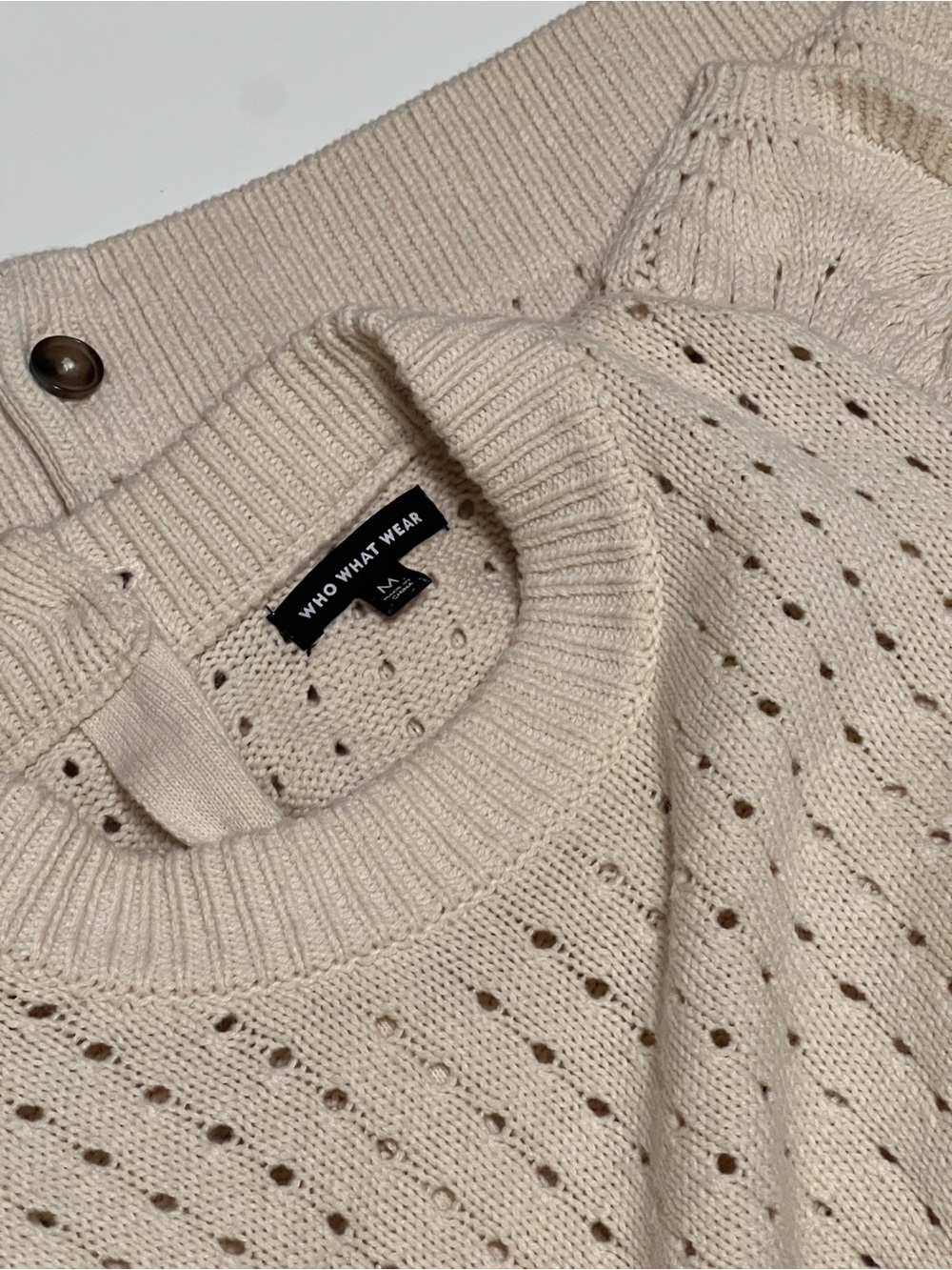 Who What Wear Cream Pointelle Ruffle Crewneck Sweater